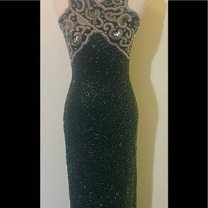 Vintage Laurence kazar Stunning glass beaded deep dark green dress.small